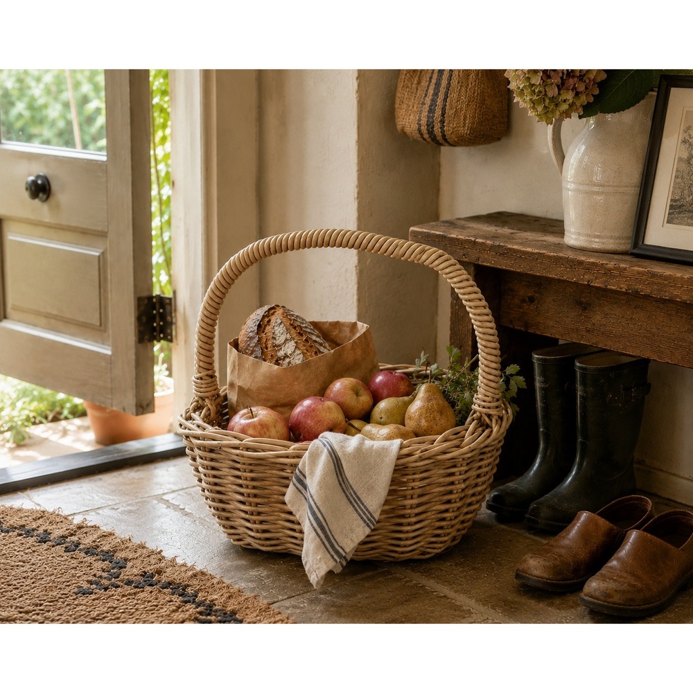 Vintage Wicker Market Basket English Cottage Gathering Basket Kitchen Storage